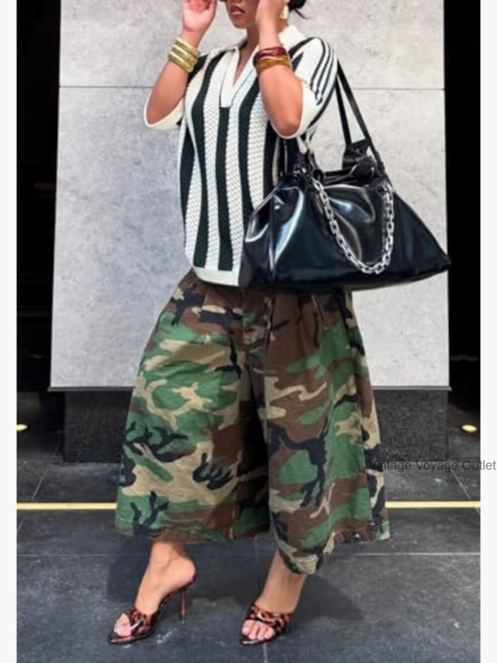 Women's Camo Barrel Pants High Waisted Wide Leg Cropped Trousers - Picture 4 of 7